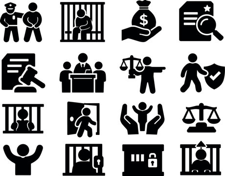 Solid vector icons of criminal justice process: detention, custody, bail, warrant, indictment, arraignment, plea