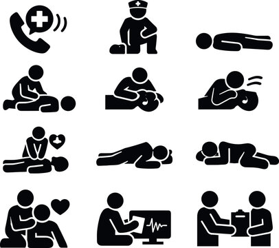 Solid vector icons of emergency first aid response: emergency call, responder, casualty, assessment, airway,