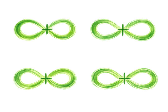 Set of painted green infinity loops with a central cross, symbolizing environment, balance, spirituality, unlimited potential, and nature
