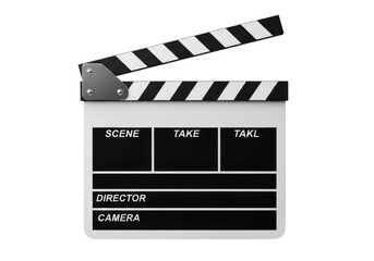 Fototapeta premium A pristine, photorealistic classic white film production clapperboard with iconic black and white striped stick raised, isolated on a high-key transparent background. Concept for cinematic industry