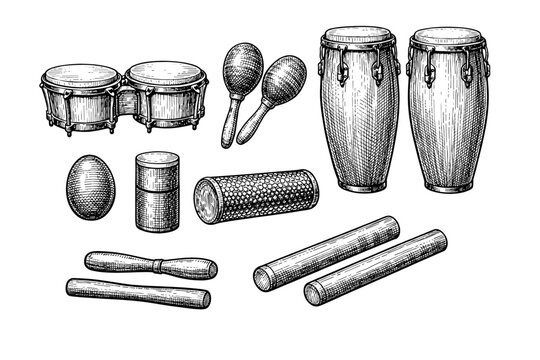 Hand-drawn percussion instruments set: congas, bongos, maracas, claves, egg shaker