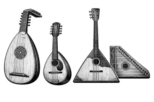 Detailed black and white illustrations of stringed instruments lute mandolin balalaika gusli