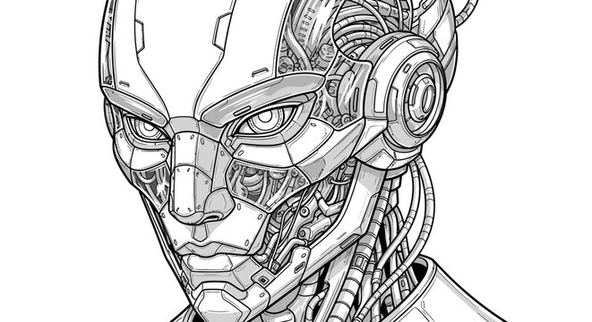 Detailed futuristic cyborg head illustration with exposed mechanical parts, representing advanced AI and cybernetic technology