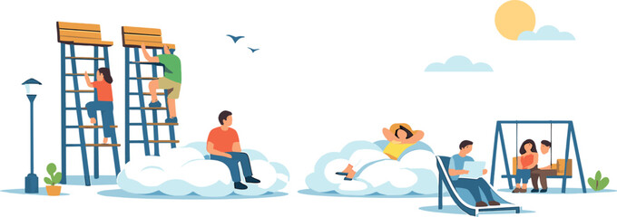 Obraz premium Playful Urban Absurdity. Sunny urban plaza where a simple scene turns humorous as ordinary objects behave incorrectly, visual joke