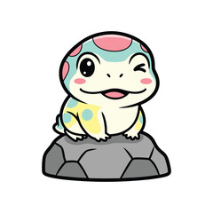 Cute cartoon turtle smiling on rock isolated colorful vector illustration happy animal character