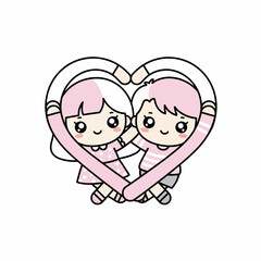 Cute cartoon couple forming a heart with their arms for valentine's day  