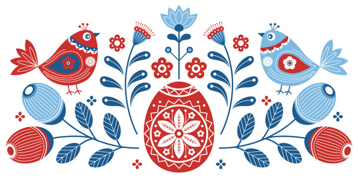 Folk Art Easter Vector Illustration with Ornate Birds Floral Elements and Decorated Pysanka Egg
