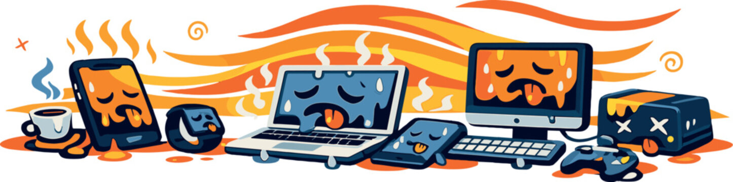 Digital burnout scene sweeping across a minimal environment as devices overheat together, heat waves flowing like motion lines,