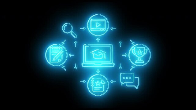 Neon-lit icons of online learning and communication surrounding a laptop on a dark background with a futuristic feel.