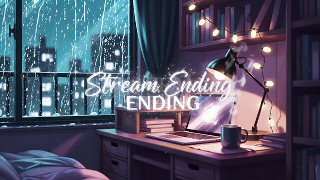 Cozy anime-style bedroom study desk with an open laptop, coffee mug, and books illuminated by string lights on a rainy night, perfect for a stream ending screen.