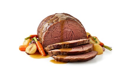 Sliced Roasted Beef with Vegetables and Gravy on White Background