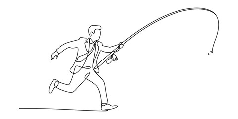 Fototapeta premium A man in a suit runs forward carrying a fishing rod, a continuous line drawing