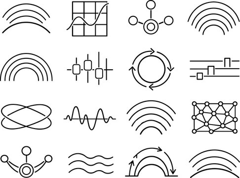 Line style vector icons of geosmin origin: rhythm arc, phase tile, sync node, frequency arc, frequency arc, feedback bar, rhythm