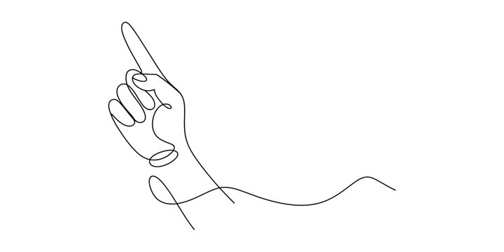 A minimalist continuous single line drawing of a human hand pointing up with the index finger