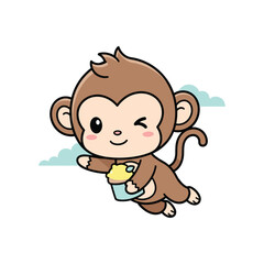 Adorable Cartoon Monkey Holding a Baby in a Bucket, Brown Fur, White Background