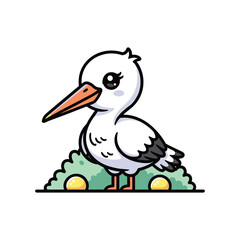 Obraz premium Cute cartoon pelican bird sitting on green grassy hill with eggs sunny day illustration