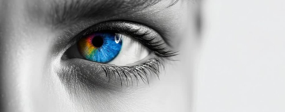 A close-up video of a person's eye with a vibrant rainbow-colored iris on a black and white background