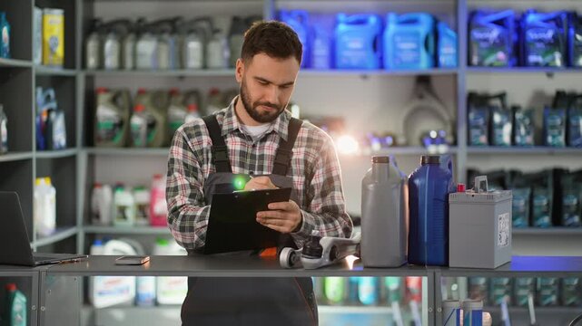 Auto parts store clerk checking inventory and writing on a clipboard
