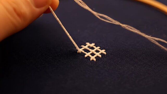 Woman meticulously embroidering detailed cross-stitch pattern on dark blue fabric