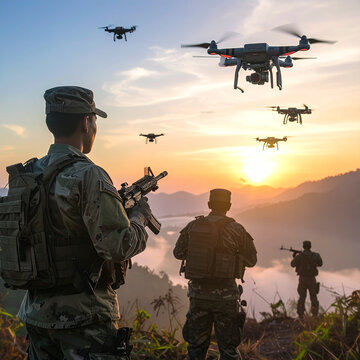 Soldiers with rifles watch drones fly over mountains at sunset