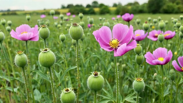 Ultra 4K footage of green opium poppy capsules alongside purple poppy blossoms field of Papaver somniferum highlighting natural growth texture botanical detail agriculture plant stock 