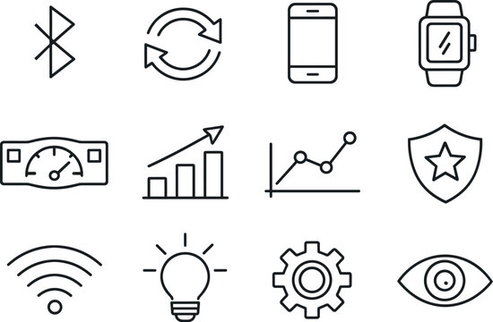 Line style vector icons of smart fitness band: bluetooth, sync, smartphone, app; dashboard, chart, trend, score; connectivity,