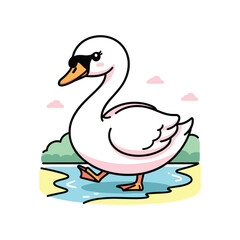 Obraz premium Cute cartoon duck swimming in pond with pink hearts and green grass background