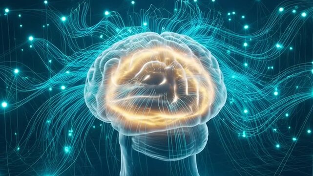 A video showcasing a glowing brain with a dark background and stars