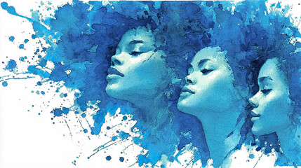 Intense blue composition of women with loose hair in watercolor evoking freedom and inner calm - Generated with AI