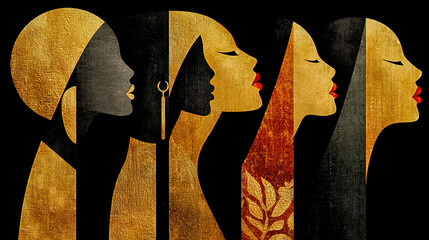Golden and black silhouettes of stylized women with ornamental details on elegant black background - Generated with AI