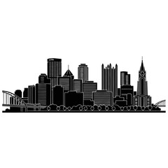 Obraz premium Cityscape Silhouette with Bridge and Trees - Black and White Vector Illustration