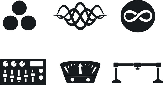 Solid vector icons of pan-cultural aesthetic chord forms: consonant frequency trio, harmonic wave cluster, unified resonance loop