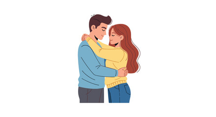Obraz premium Young Couple Embracing in a Warm Hug Wearing Casual Clothes Against a Plain White Background Portraying Love and Support in a Modern Illustration Style