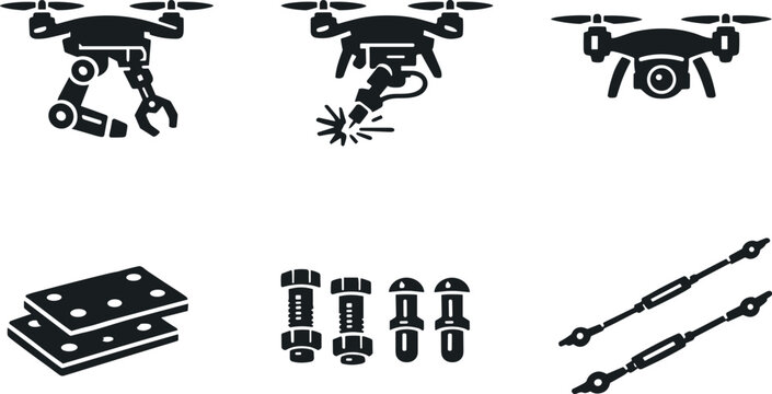 Autonomous Drone Icons. Solid style icons of autonomous drone assembly: manipulator drone, welding drone, inspection drone,