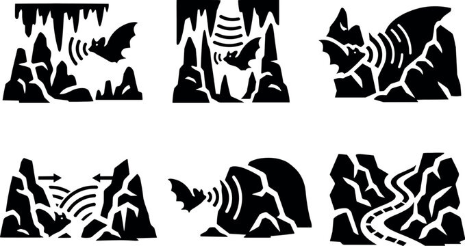 Solid style icons of echolocation in complex environments: dense cave formations, stalagmites, narrow gaps, echo reflections,