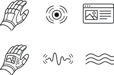 Line vector icons of a glove translating a webpage&rsquo;s texture onto skin (web-to-skin haptics): glove panel,