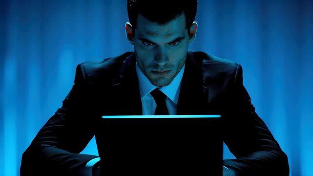 Concentrated Focus: A determined individual in a formal suit meticulously works on a laptop, their intense gaze reflecting focus and unwavering concentration within a technological sphere.