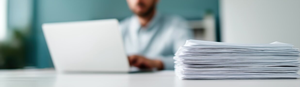 Stack of white papers representing bureaucracy and paperwork, with a blurred man working on a laptop in the background