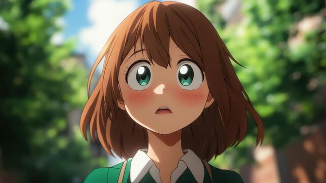 Anime Girl in the Street: A young girl, her face flushed with surprise, stands on a sun-drenched street, her expression captivating and her environment full of life.