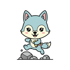 Obraz premium Happy Cartoon Wolf Running on Rocks with Joyful Expression