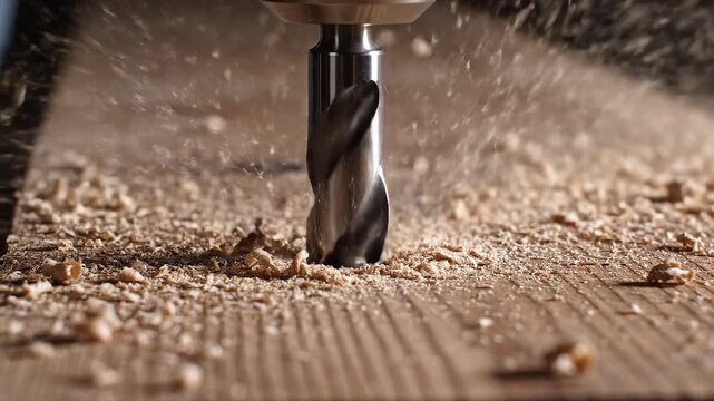 Metal drill bit on wooden surface