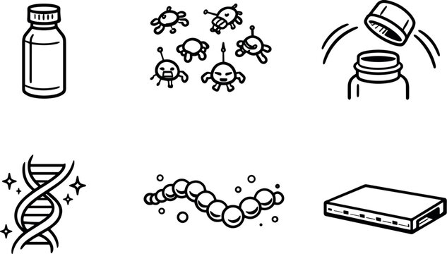 Line style icons of consumer bio-nano boosters: product bottle outline, microbot particle set, release-cap arc,
