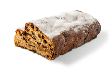 Stollen, traditional German Christmas cake with candied fruit, raisins, spices, and marzipan. Isolated on white with clipping path included