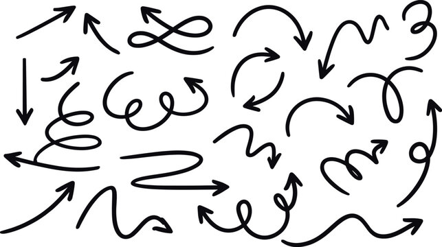 Sketchy Directional Arrows Set in Chalk and Pencil Style
Doodle Arrow Shapes with Curves, Spirals and Scribble Lines