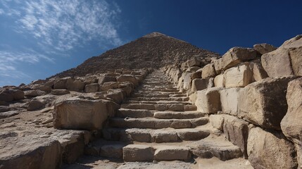 Fototapeta premium Ancient stone pyramid steps rise into clear blue sky, leading to apex