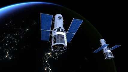 Fototapeta premium 人工衛星と地球 3DCGレンダリング