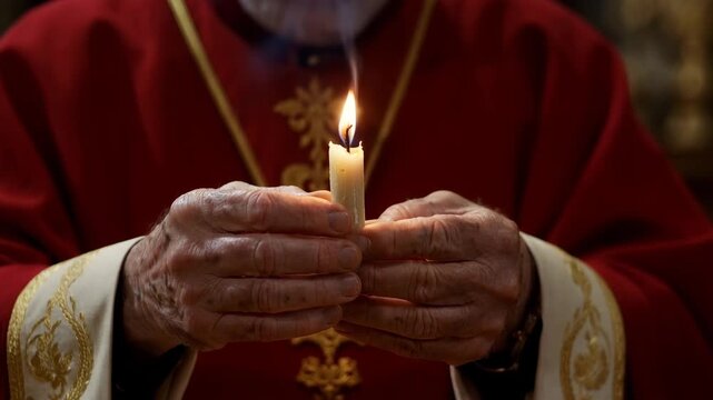 Candlemas. Close-up of an elderly priest holding a burning candle. Hands in red vestments during a religious ceremony. Catholic faith and worship concept