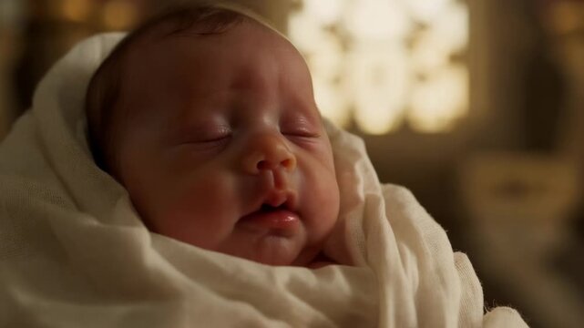 Candlemas, Close-up of newborn baby Jesus sleeping wrapped in white cloth. Infant resting in warm sunlight with temple background. Nativity and Christmas concept