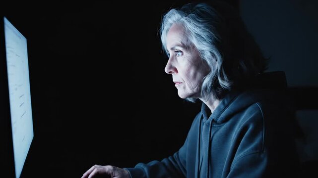 Senior woman working on computer in dark room