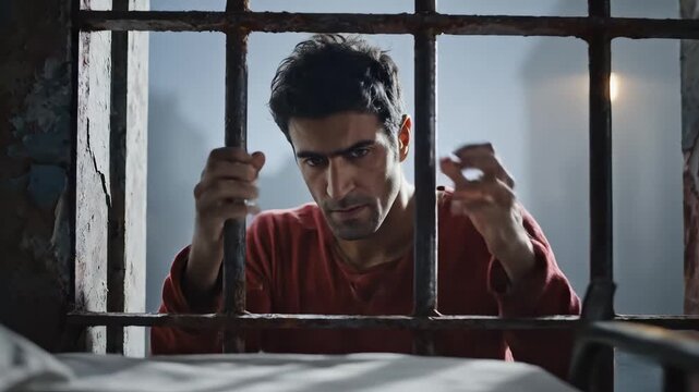 Man in prison cell looking out window